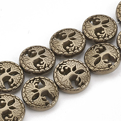Chapelets de perles en hématite synthétique sans magnétiques, plat et circulaire avec arbre de vie, cuivre plaqué, 12~12.5x4~4.5mm, Trou: 1mm, Environ 30 pcs/chapelet, 14.56 pouce