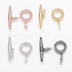 Brass Micro Pave Cubic Zirconia Ring Toggle Clasps, Mixed Color, Ring: 15x13x2mm, Bar: 6x27x4mm.
