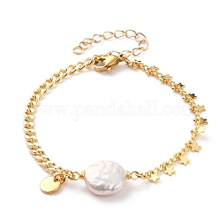 Natural Baroque Pearl Keshi Pearl Link Bracelets, with  Brass Curb Chains, 304 Stainless Steel Lobster Claw Clasps and Flat Round Charms, White, Real 18K Gold Plated, 7-1/2 inch(19cm)