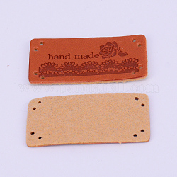 PU Leather Labels, Handmade Embossed Tag, with Holes, for DIY Jeans, Bags, Shoes, Hat Accessories, Rectangle with Word Handmade & Flower, Saddle Brown, 40x20x1.5mm
