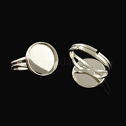Adjustable Brass Ring Components, Pad Ring Findings, with Flat Round Cabochon Bezel Settings, Platinum, Tray: 12mm, 17mm
