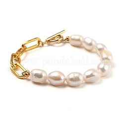 Natürliche Barockperlen Keshi Perlen Perlen Armbänder, mit eisernen Büroklammerketten und 304 Kippverschluss aus Edelstahl, golden, 7.28~7.68 Zoll (18.5~19.5 cm)