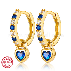 Real 18K Gold Plated 925 Sterling Silver Dangle Hoop Earrings, with 925 Stamp, Heart, Blue, 14x4mm
