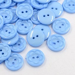 Bottoni da cucire acrilico per design di vestito, bottoni plastico, 2-foro, tinto, tondo piatto con modello di fiore, blu fiordaliso, 16x3mm, Foro: 1 mm
