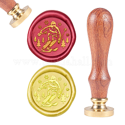 Brass Wax Seal Stamp, with Natural Rosewood Handle, for DIY Scrapbooking, Golden, Skiing Pattern, Stamp: 25mm, Handle: 79.5x21.5mm