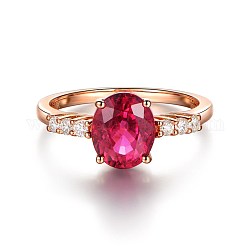 Oval Brass Glass Finger Rings, Inlaid with Cubic Zirconia, Red, Rose Gold, US Size 6 1/2(16.9mm)