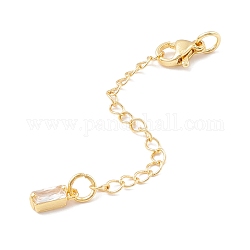 Brass Micro Pave Cubic Zirconia Chain Extender, with Stainless Steel Lobster Claw Clasps and Rectangle Charm, Long-Lasting Plated, Golden, 76x3mm, Hole: 3mm