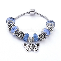 Bracciali in ottone di stile tibetano, con perline europee di strass in acrilico e argilla polimerica, perle di rosa in lega e pendenti a farfalla, dodger blu, 7-1/4 pollice (18.5 cm)
