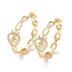 Сердце с короной серьги-гвоздики с кубическим цирконием, латунные серьги-кольца для женщин, золотые, 33x34.5x12 мм, штифты : 0.9 мм