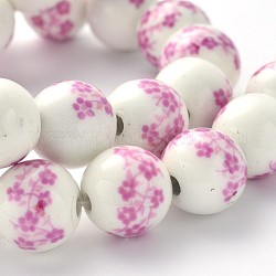 Flower Printed Round Handmade Porcelain Beads Strands, Flamingo, 12mm, Hole: 2mm, about 30pcs/strand, 14.2inch
