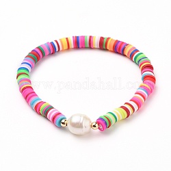 Polymer Clay Heishi Beads Stretch Bracelets, with Acrylic Imitation Pearl Beads and Brass Beads, Mixed Color, Inner Diameter: 2-1/4 inch(5.6cm)