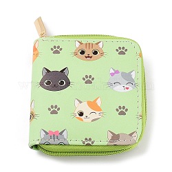 Lindo gato pu cuero cremallera carteras, monederos cuadrados, monedero para mujeres y niñas, verde pálido, 10x10x2.5 cm