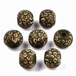 Perles de bois naturel peintes, motif gravé au laser, rond avec imprimé léopard, vert olive foncé, 10x8.5mm, Trou: 2.5mm