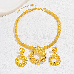 Aluminum Alloy Leafy Branch Jewelry Set, Dangle Stud Earrings & Pendant Necklace with Mesh Chains, Golden, 16.14 inch(41cm), 55x32mm
