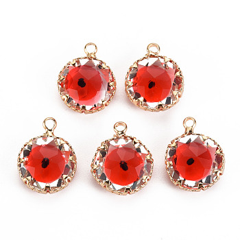 Transparent Glass Pendants, with Brass Prong Settings, Faceted, Flat Round with Evil Eye, Light Gold, Orange Red, 17x13x6mm, Hole: 1.8mm