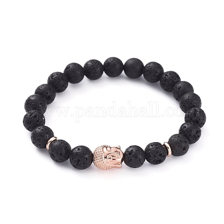 Bracelets extensibles de perles de pierre de lave naturelle bouddha BJEW-JB04977-01-1