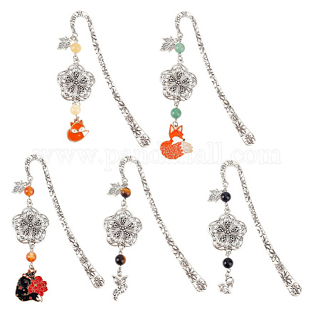 DELORIGIN 5pcs Metal Bookmarks 5 Styles Beading Flower Bookmarks with Fox and Natural Stone Pendant Vintage Dangle Bookmarks Reading Accessory for Student Teacher Readers Book Lovers Office Present AJEW-AB00019-1
