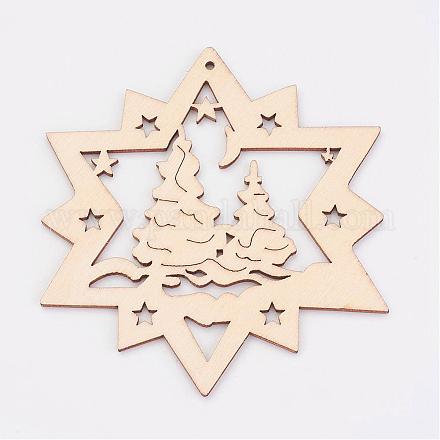 未染色の木製ペンダント  スター  クリスマスのテーマ  アンティークホワイト  99.5x92x3mm  穴：2mm WOOD-K005-05-1