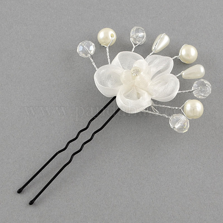 結婚式ブライダル装飾的なヘアアクセサリー  鉄ガラス髪フォーク  absプラスチックビーズと布の花  ホワイト  92mm OHAR-R196-32-1