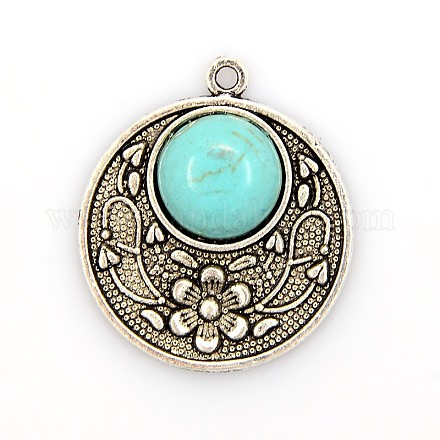 Antique Silver Tone Alloy Dyed Synthetic Turquoise Pendants PALLOY-J285-02AS-1