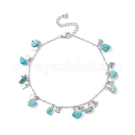 Synthetic Turquoise Chips & Heart Charms Anklet AJEW-AN00512-01-1