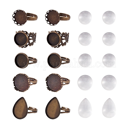 キットを作るfashewelry指輪  40個の調整可能な真鍮製の指輪コンポーネントを含む  40個の透明なティアドロップガラスカボション  アンティークブロンズ  ガラスカボション：40個 DIY-FW0001-12-1