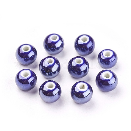 Pearlized Dark Blue Handmade Porcelain Round Beads X-PORC-D001-10mm-14-1