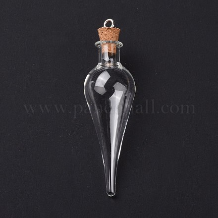 ティアドロップグラス コルクボトル ビッグペンダント  ガラスの空のウィッシュボトルチャーム  プラチナトーンのアイアンループ付き  透明  7.05cm  穴：2.5mm AJEW-A041-01C-1