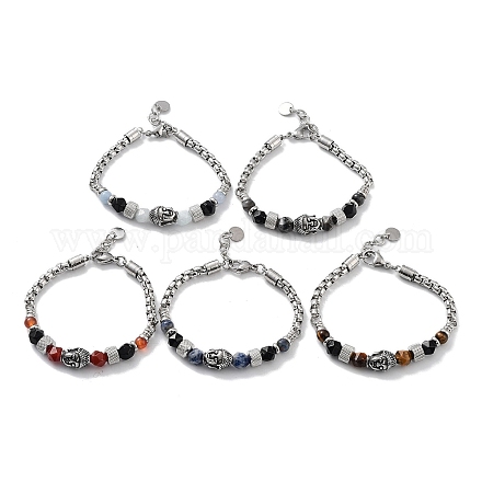 Bracelets de perles à facettes en pierres précieuses naturelles mélangées tête de Bouddha avec 201 fermoirs à pince de homard en acier inoxydable BJEW-Q334-10-1
