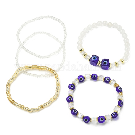 5Pcs 5 Style Natural Quartz Crystal & Lampwork Evil Eye & Seed Beaded Stretch Bracelets Set BJEW-JB09616-04-1