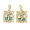 Brass Random Color Glass Pendants, Rectangle with Flower, with ABS Imitation Pearl & Enamel & Loop, Real 18K Gold Plated, 33.5x26.5x7.5mm, Hole: 5.5x5mm