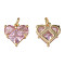 Brass Micro Pave Clear Cubic Zirconia Pendants, with Jump Rings, Nickel Free, Real 18K Gold Plated, Heart, Pink, 12x12x3.5mm, Jump Ring: 5x1mm, 3mm inner diameter