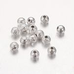 Brass Textured Beads, Nickel Free, Round, Silver Color Plated, 4mm, Hole:1mm