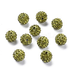 Perles de boule pavé disco , Perles de strass en argile polymère, Grade a, ronde, olivine, strass: pp13 (1.9~2mm), 6 rangs de strass, 10mm, Trou: 1.5mm