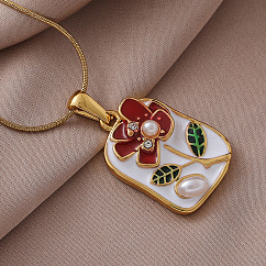 Colliers pendentifs vintage en acier inoxydable 304 émaillé avec fleur et perle d'imitation pour femmes, or, colorées, 15.75 pouce (40 cm)