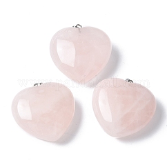 Colgantes naturales de cuarzo rosa, Dijes de corazón con accesorios de latón en tono platino, 30.5x30x13mm, agujero: 7x4 mm