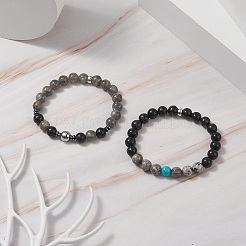 Pietra nera naturale e diaspro picasso e labradorite e turchese sintetico e set di bracciali elastici con perline in ematite sintetica non magnetica per donna&nbsp;BJEW-JB09279