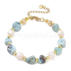 Braccialetti con pepite di larimar naturale e perle d'acqua dolce di patata.&nbsp;BJEW-JB14286