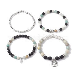 4 Stück 4 Stile 6/8mm runder natürlicher Lavastein & Blumen-Amazonit & Muschelperlen stapelbare Stretch-Armband-Sets&nbsp;BJEW-JB10333
