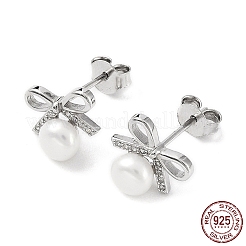 Anlaufgeschützte Ohrstecker mit Schleife aus Zirkonia und Naturperle&nbsp;EJEW-F318-09P