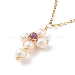 Collana con pendente a croce intrecciata con pietre preziose naturali e perle&nbsp;NJEW-JN03920