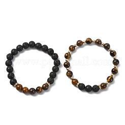 Bracelets extensibles ajustables en œil de tigre naturel et en pierre de lave naturelle&nbsp;BJEW-JB14150-02