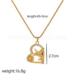 Collier pendentif en acier inoxydable 304 serti de micro-pavés de zirconiums cubiques transparents en forme de cœur avec fleur et oiseau&nbsp;WG05DAA-01
