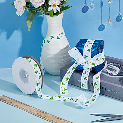 Grosgrain-Bänder aus Polyester mit Kleeblatt-Aufdruck zum St. Patrick's Day&nbsp;SRIB-WH0011-304B