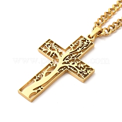 Collane con ciondolo a forma di croce in acciaio inossidabile 304 con albero della vita&nbsp;NJEW-M197-02G