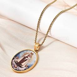 Collane unisex religiose in acciaio inossidabile 304 smaltato con ciondolo ovale e catena a scatola&nbsp;STAS-H258-02G-02