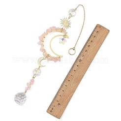 Sonnenfänger aus natürlichem Rosenquarz und Sternglasperlen mit Messing-Sonnen- und Mondanhänger&nbsp;HJEW-JM05016-03