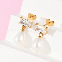 Boucles d'oreilles pendantes en forme de larme avec rectangle en acier inoxydable 304 et zircone cubique transparent&nbsp;EJEW-F366-01G-01