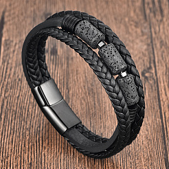 Bracciale da uomo a un filo in similpelle intrecciata con pietra lavica naturale e chiusura magnetica in acciaio inossidabile 316l.&nbsp;WG04C79-02