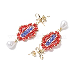 Pendientes colgantes con forma de rombo y lazo de cuentas de vidrio electrochapado transparente&nbsp;EJEW-MZ00430